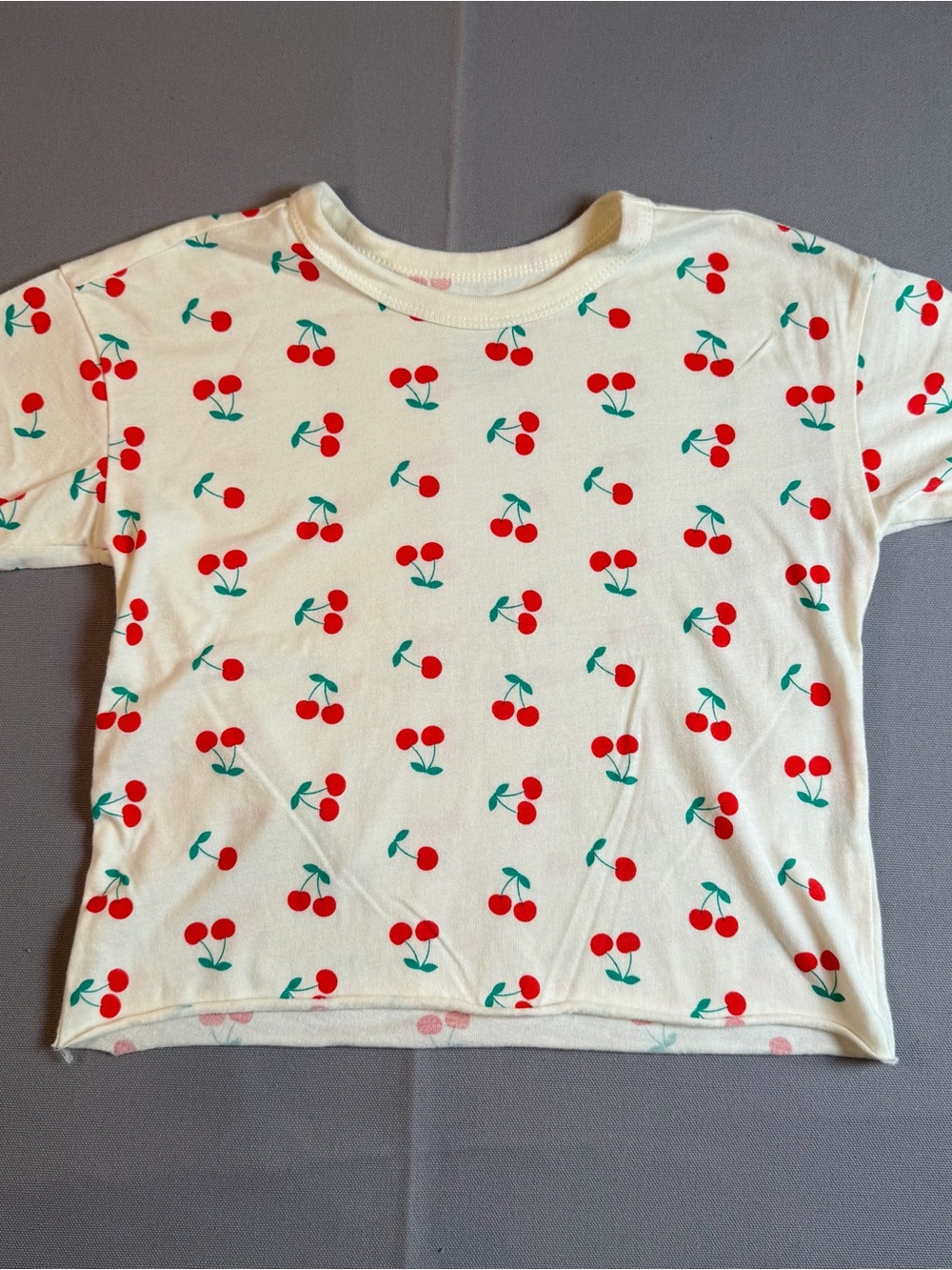 Grayson Mini Girls' sz5t Cream Cherry Print Short Sleeve  Raw Hem Tee
